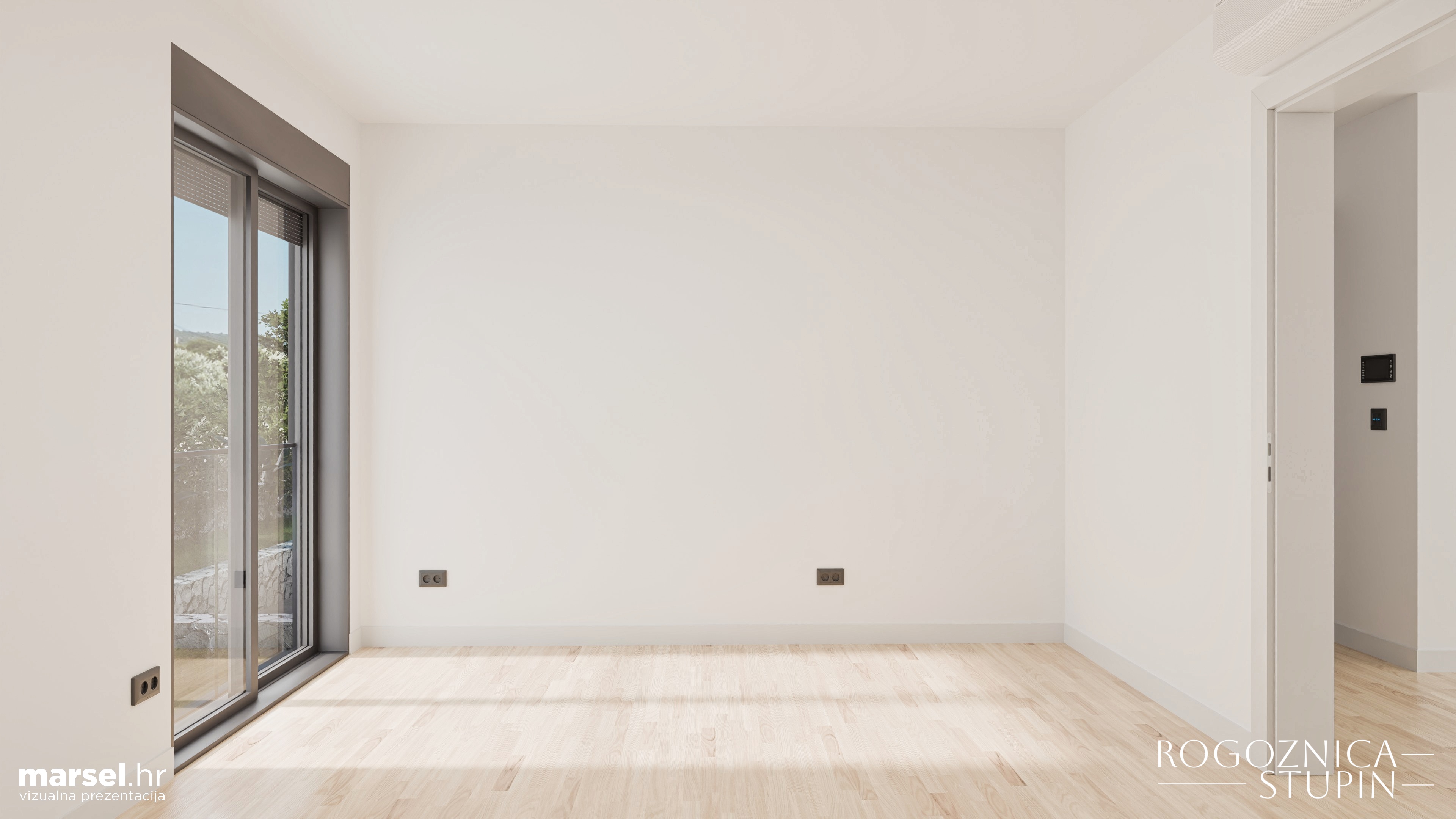 Vizualizacija interijera apartmana u novogradnji Rogoznica Stupin. Prostrani i svijetli unutarnji prostori s pogledom na more, idealni za stanovanje ili investiranje u apartman na dalmatinskoj obali.